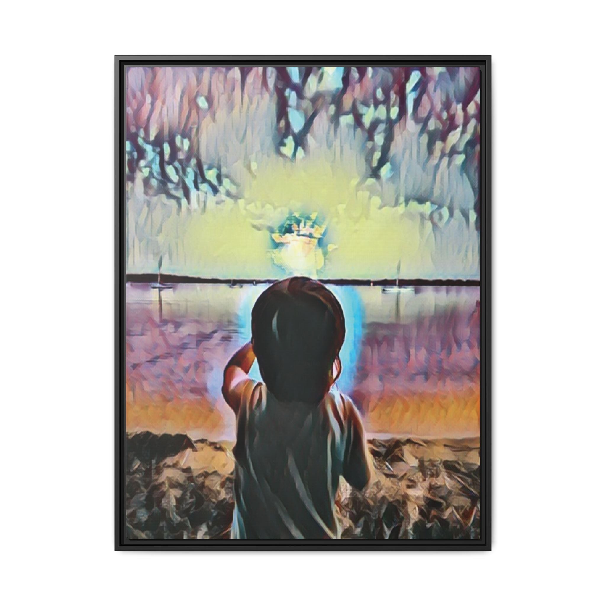 Boy and Moon Framed Canvas Art