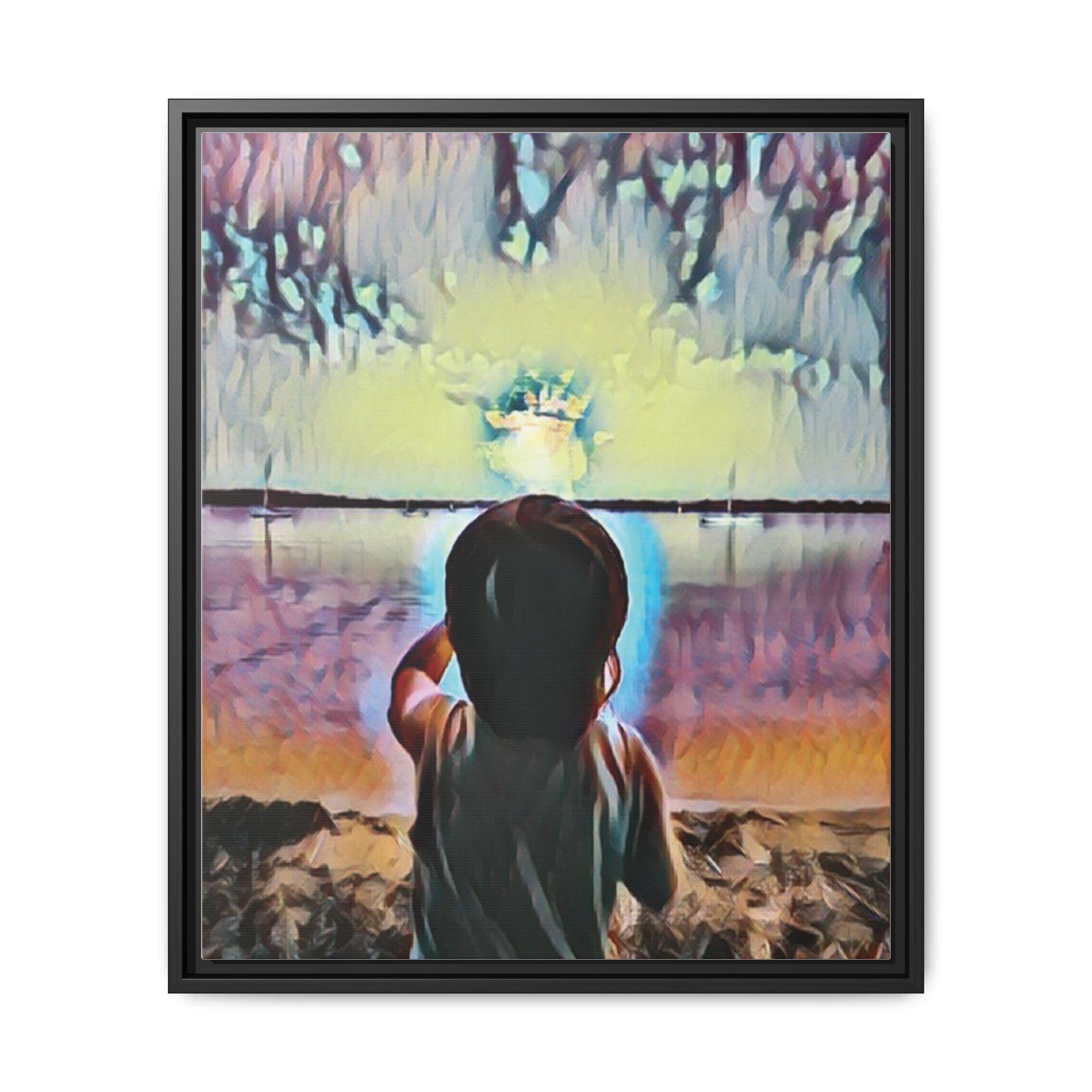 Boy and Moon Framed Canvas Art