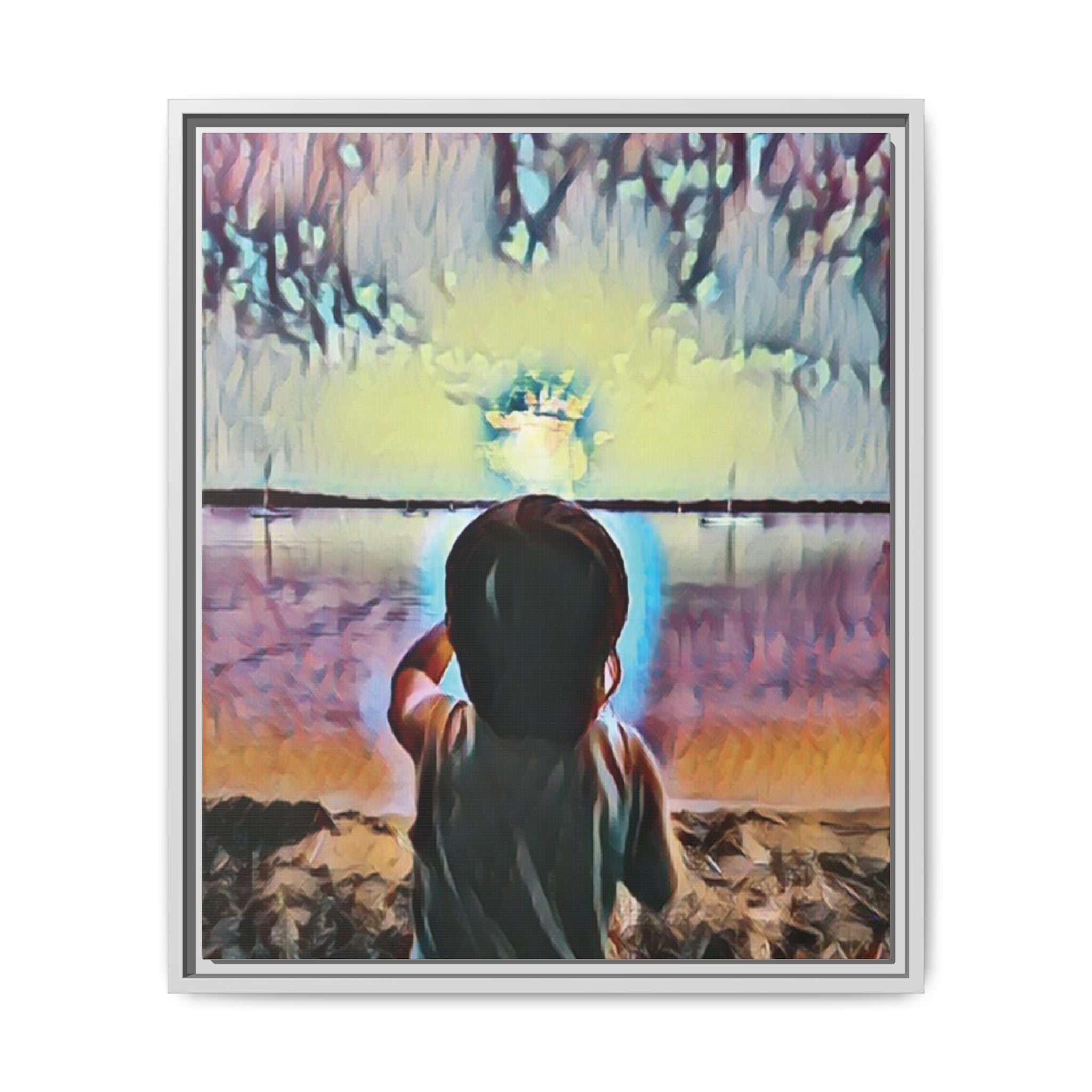 Boy and Moon Framed Canvas Art