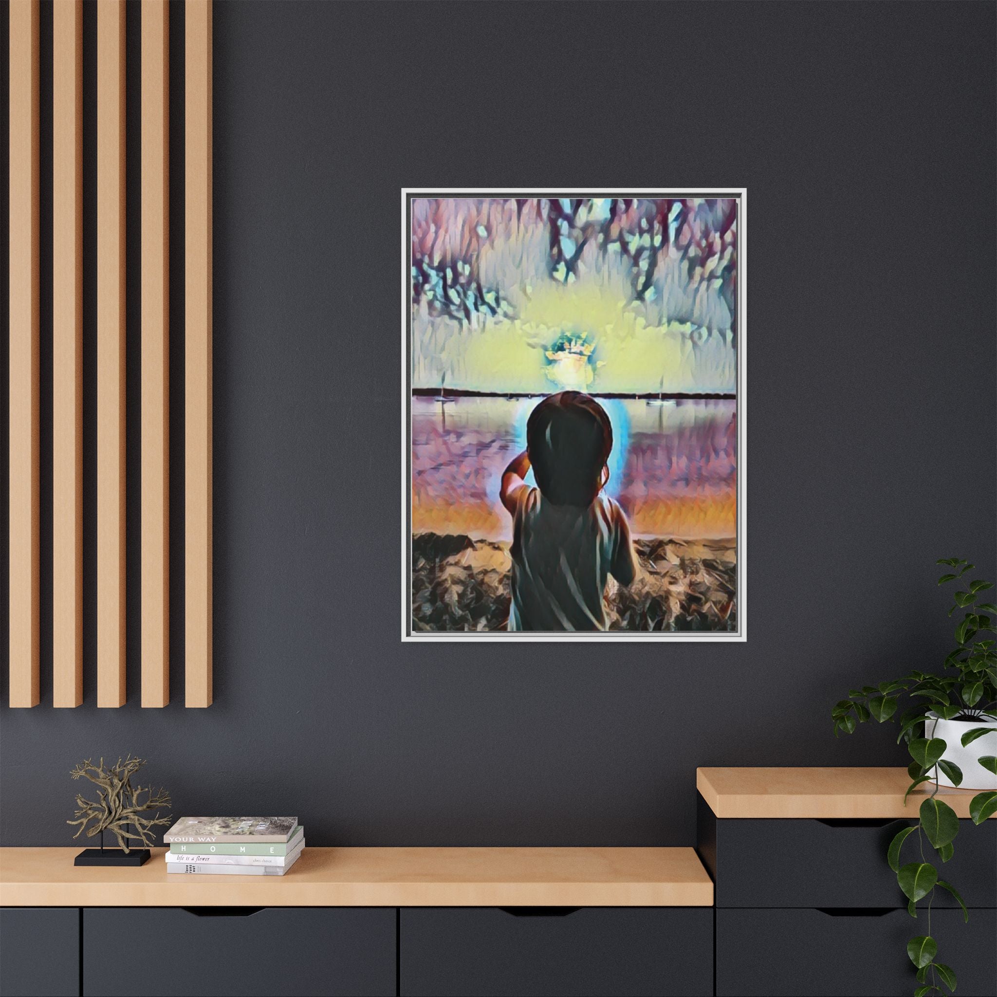 Boy and Moon Framed Canvas Art