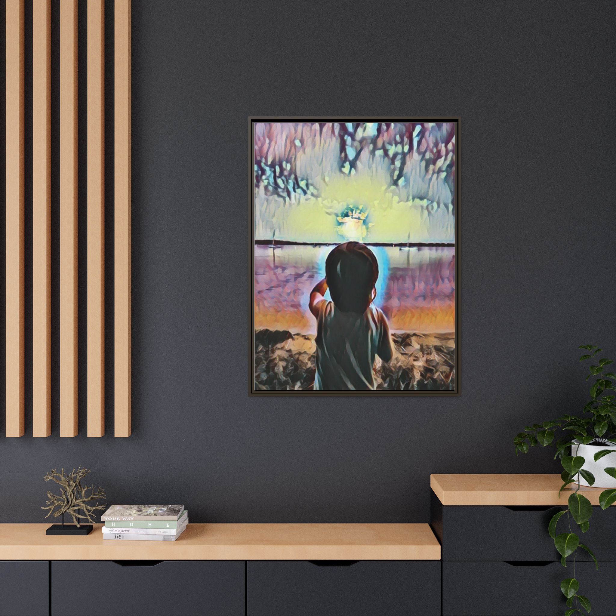 Boy and Moon Framed Canvas Art