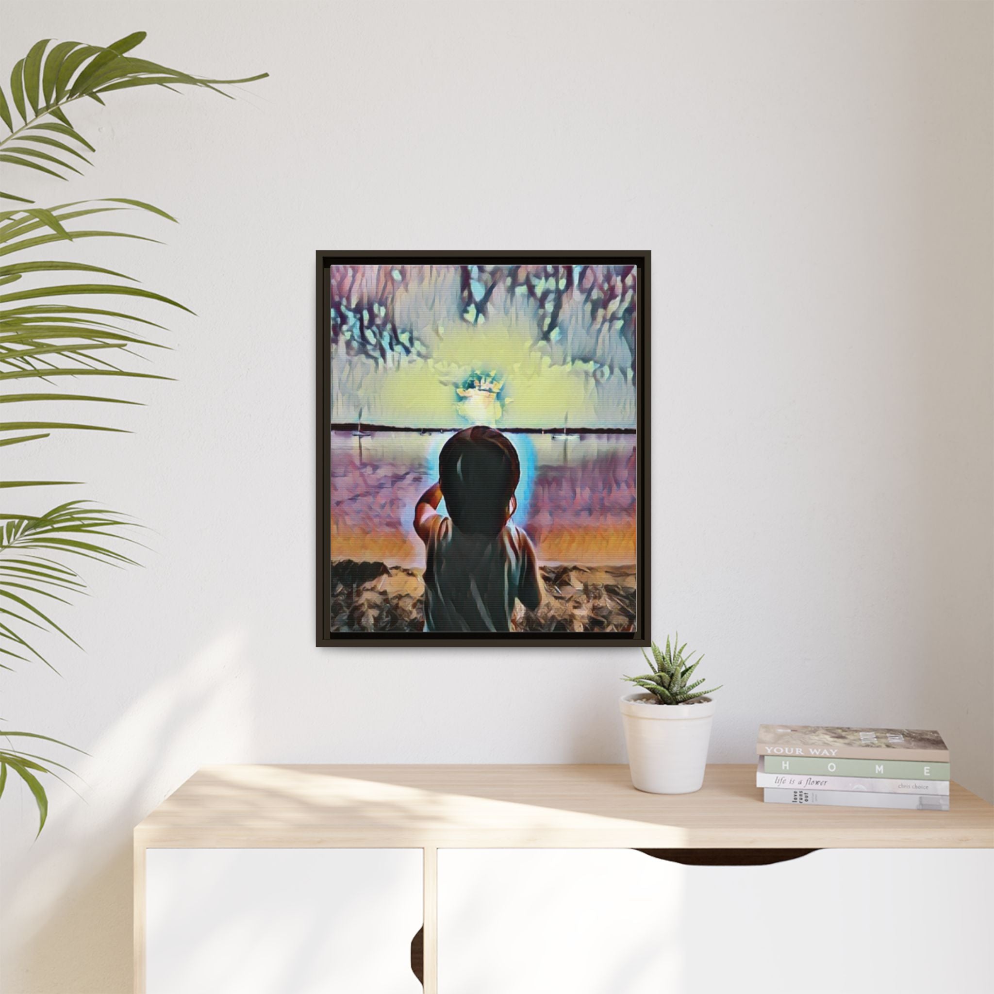 Boy and Moon Framed Canvas Art