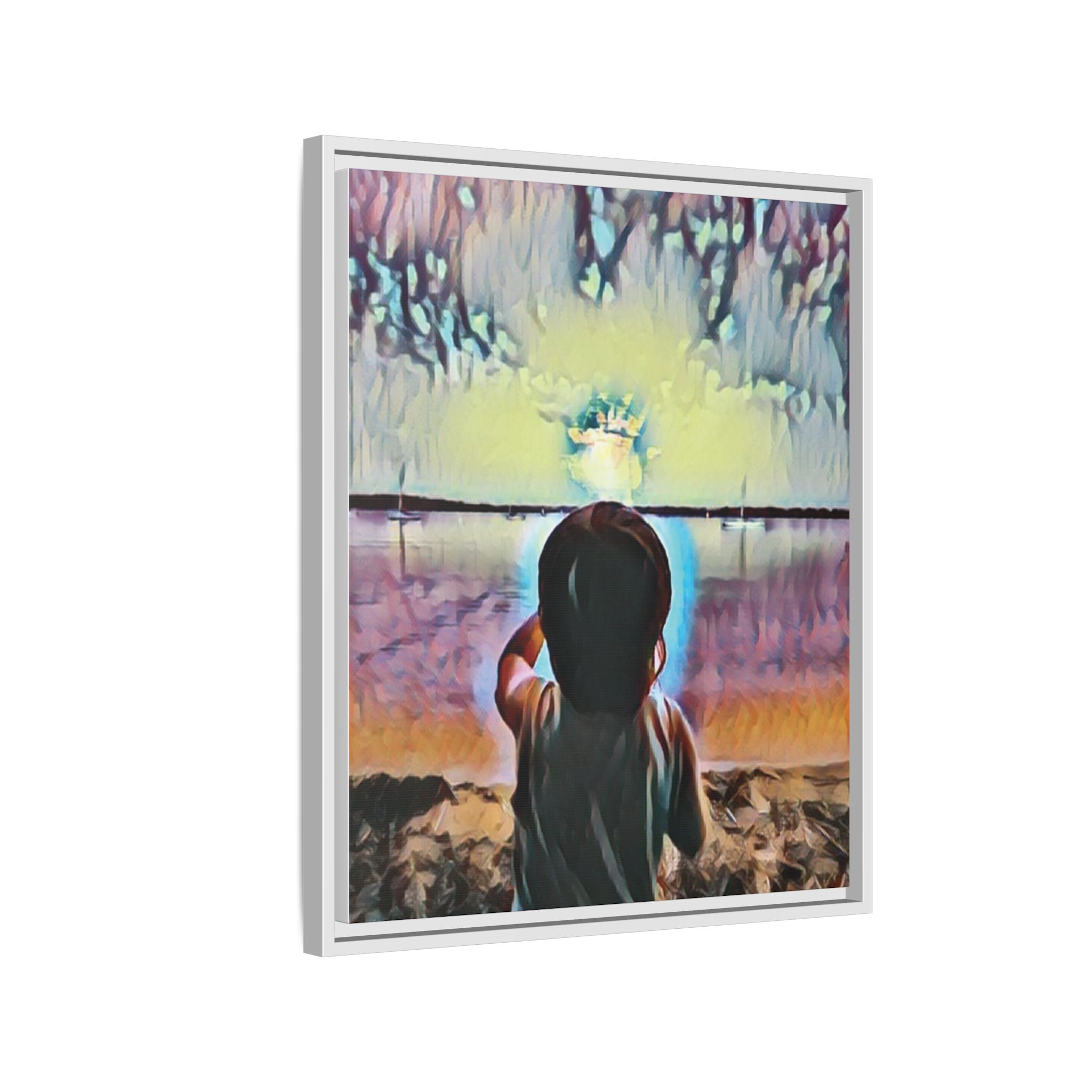 Boy and Moon Framed Canvas Art