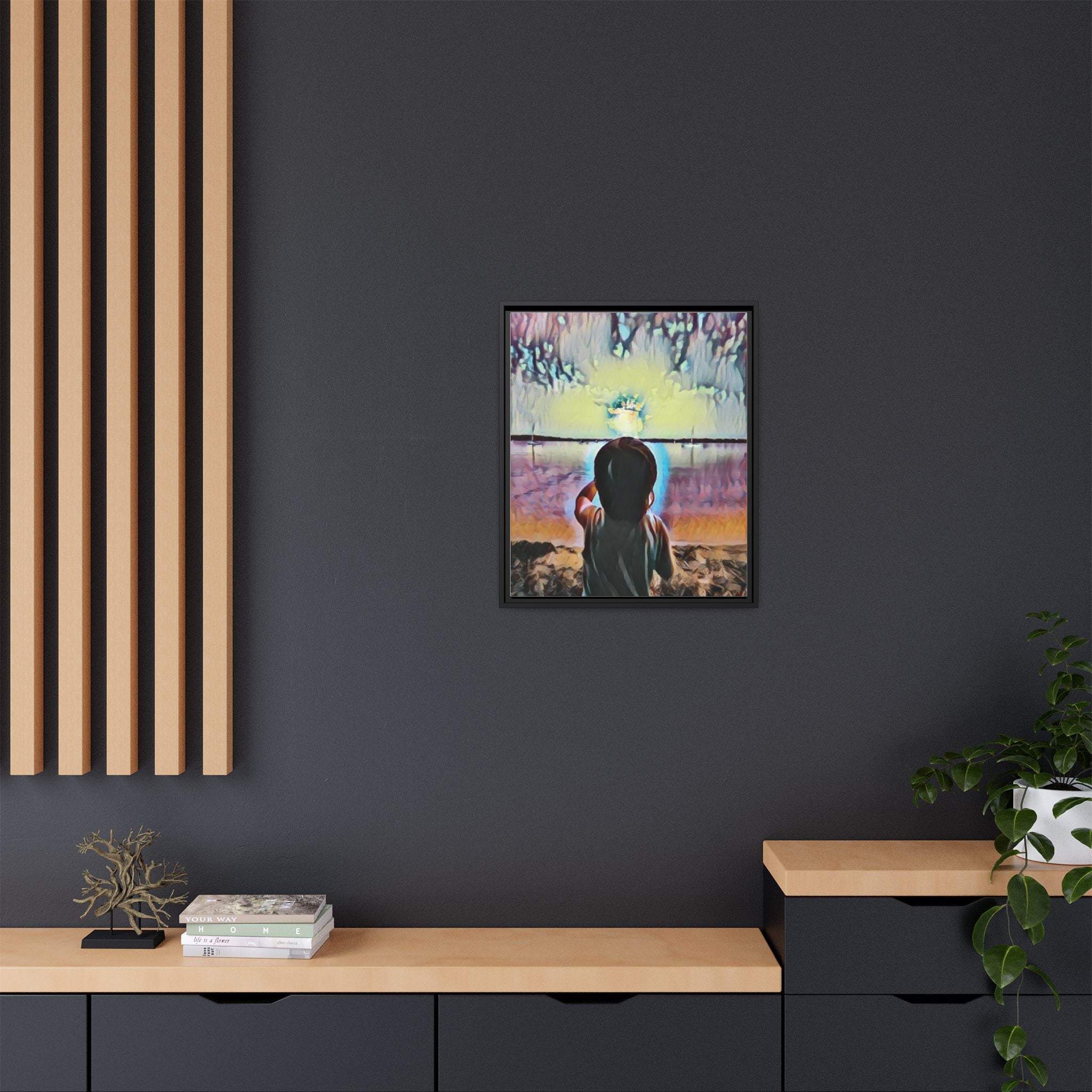 Boy and Moon Framed Canvas Art