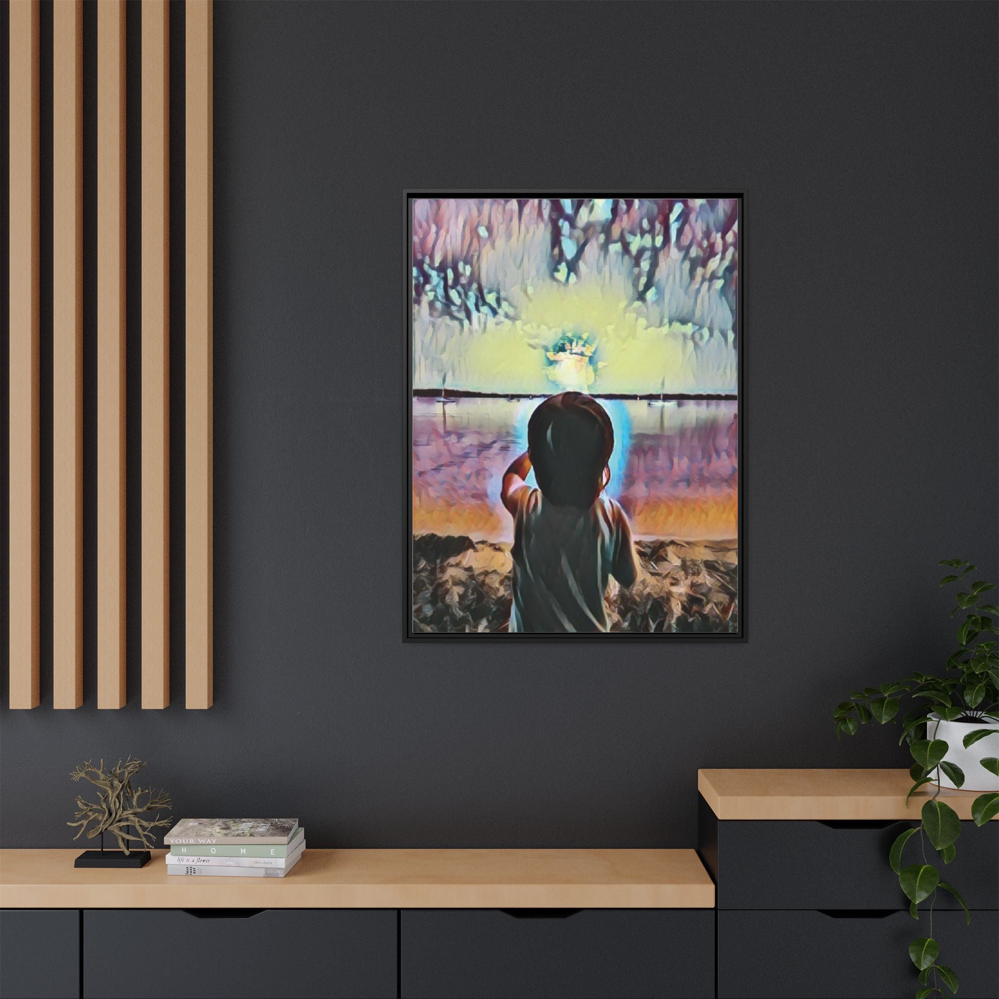 Boy and Moon Framed Canvas Art