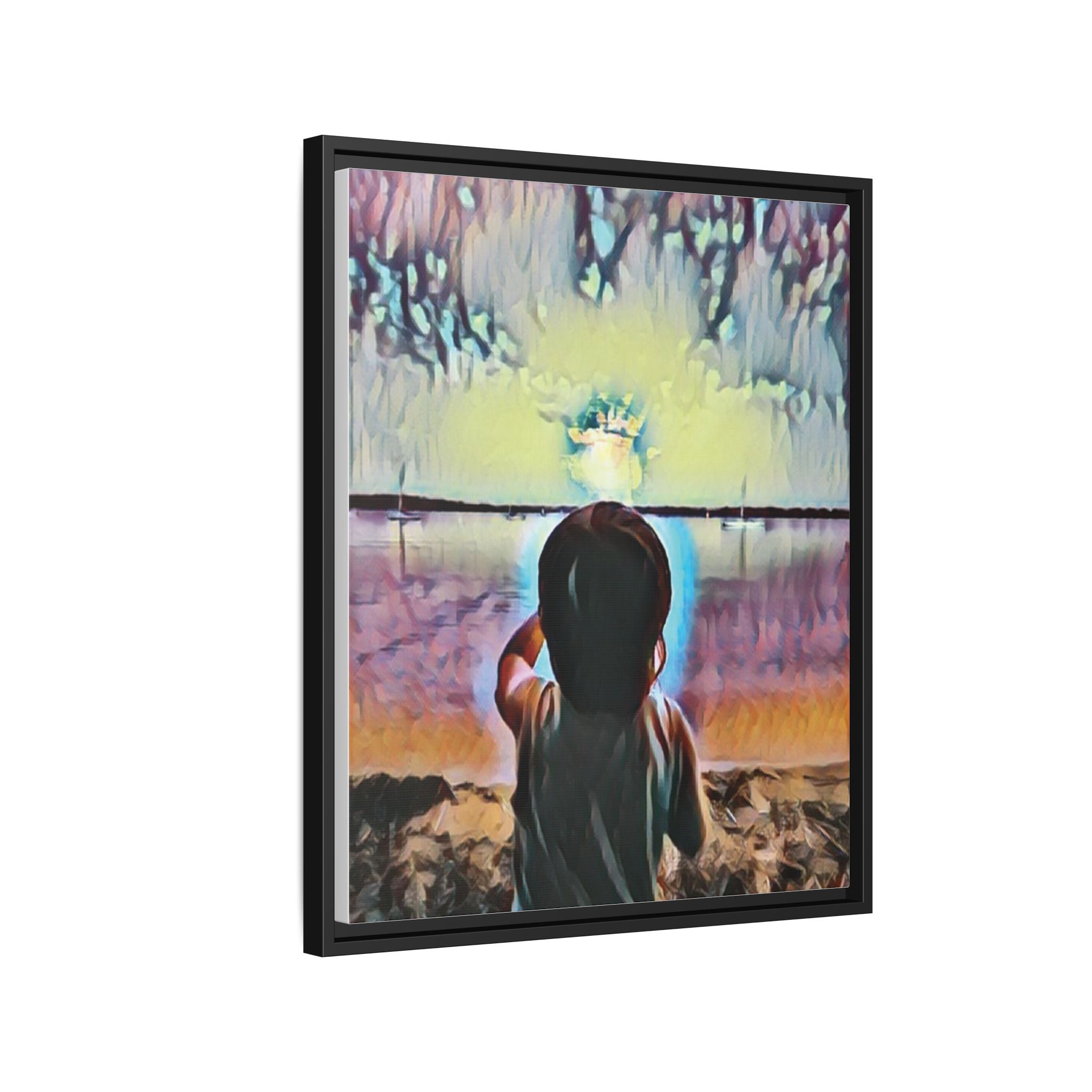 Boy and Moon Framed Canvas Art