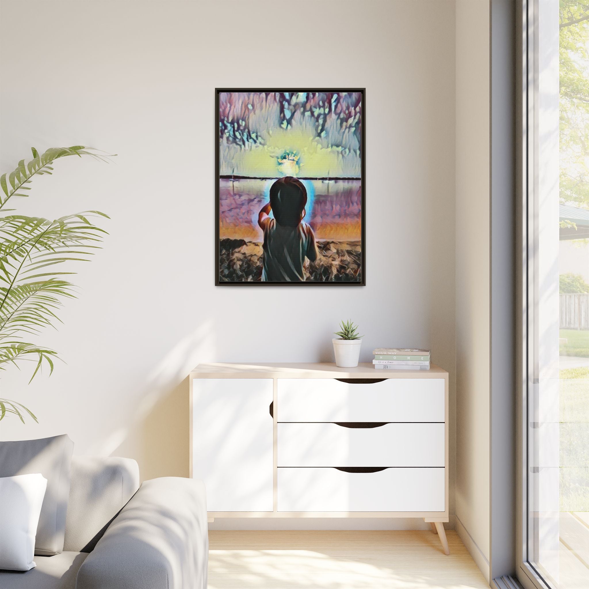 Boy and Moon Framed Canvas Art