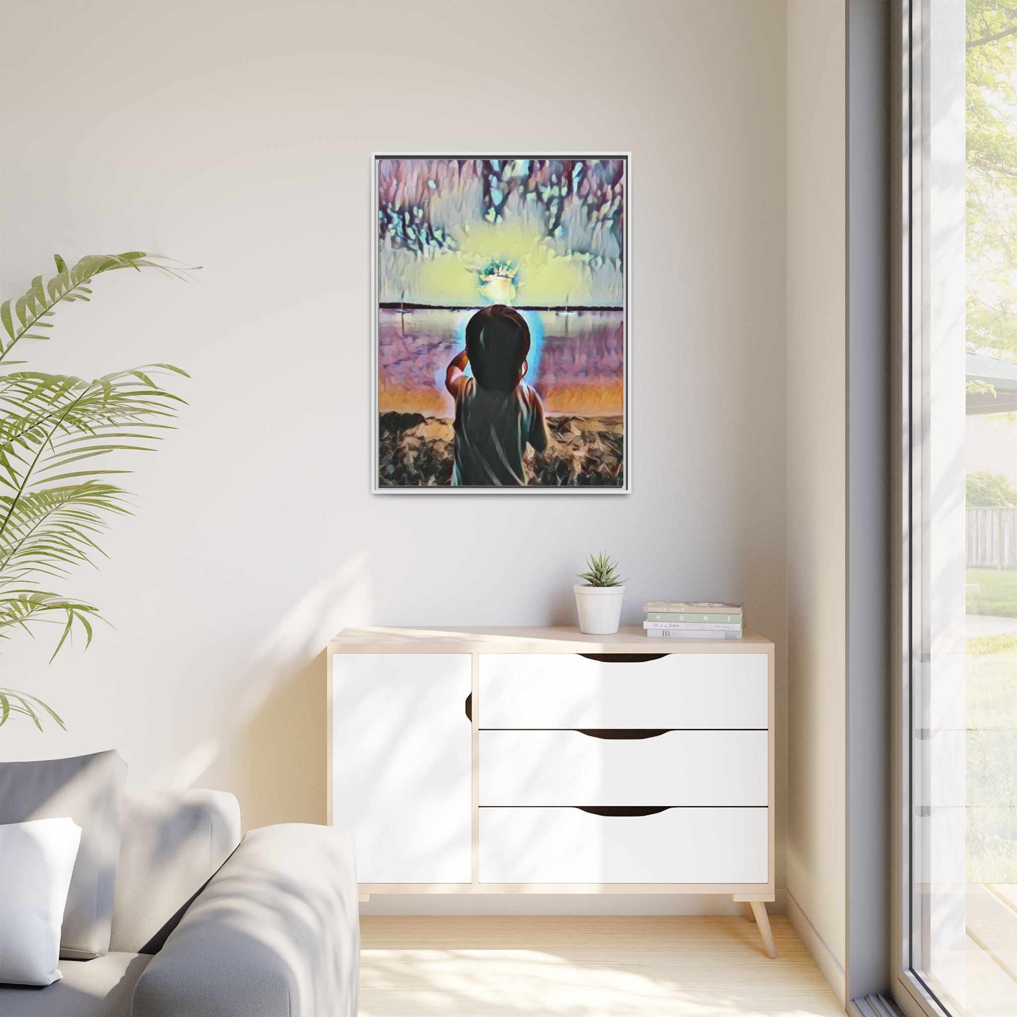 Boy and Moon Framed Canvas Art