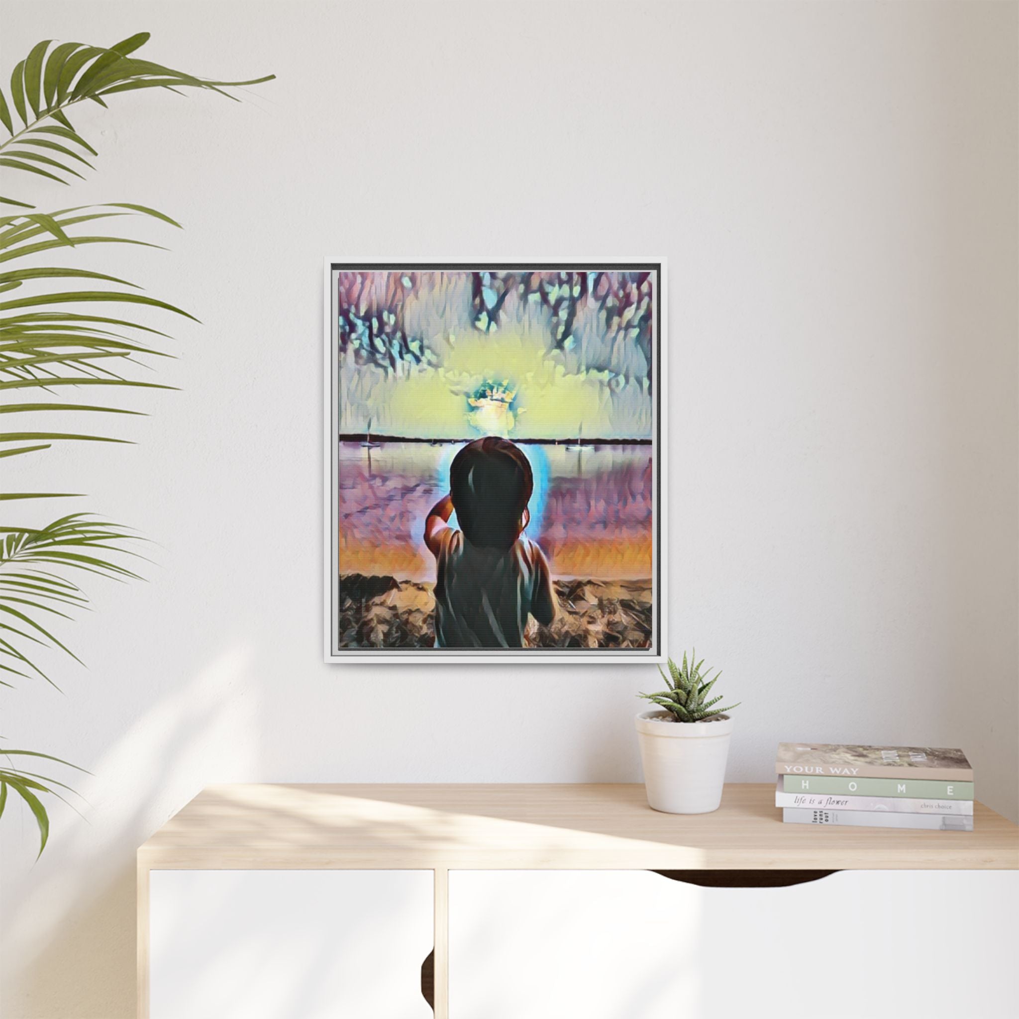 Boy and Moon Framed Canvas Art