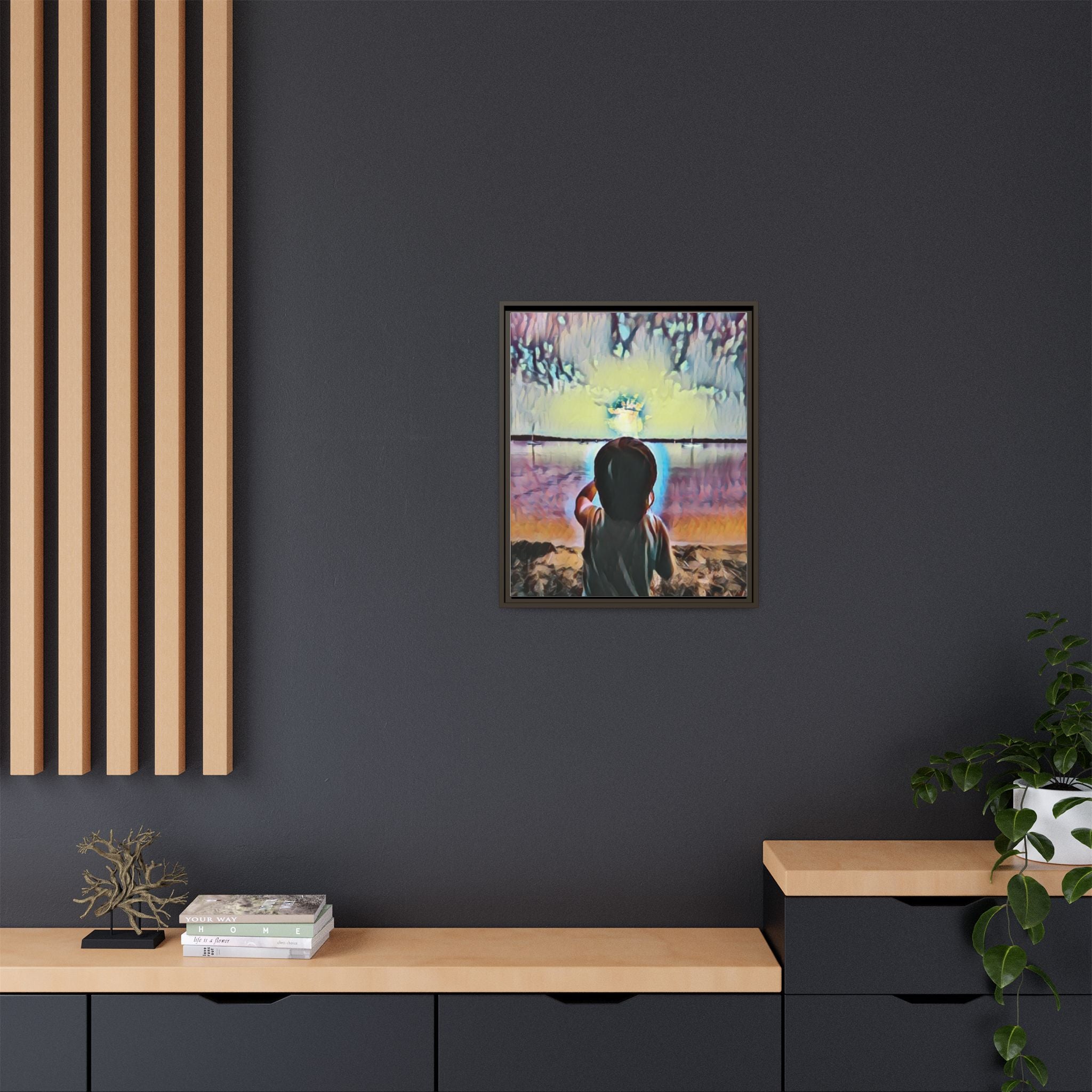 Boy and Moon Framed Canvas Art