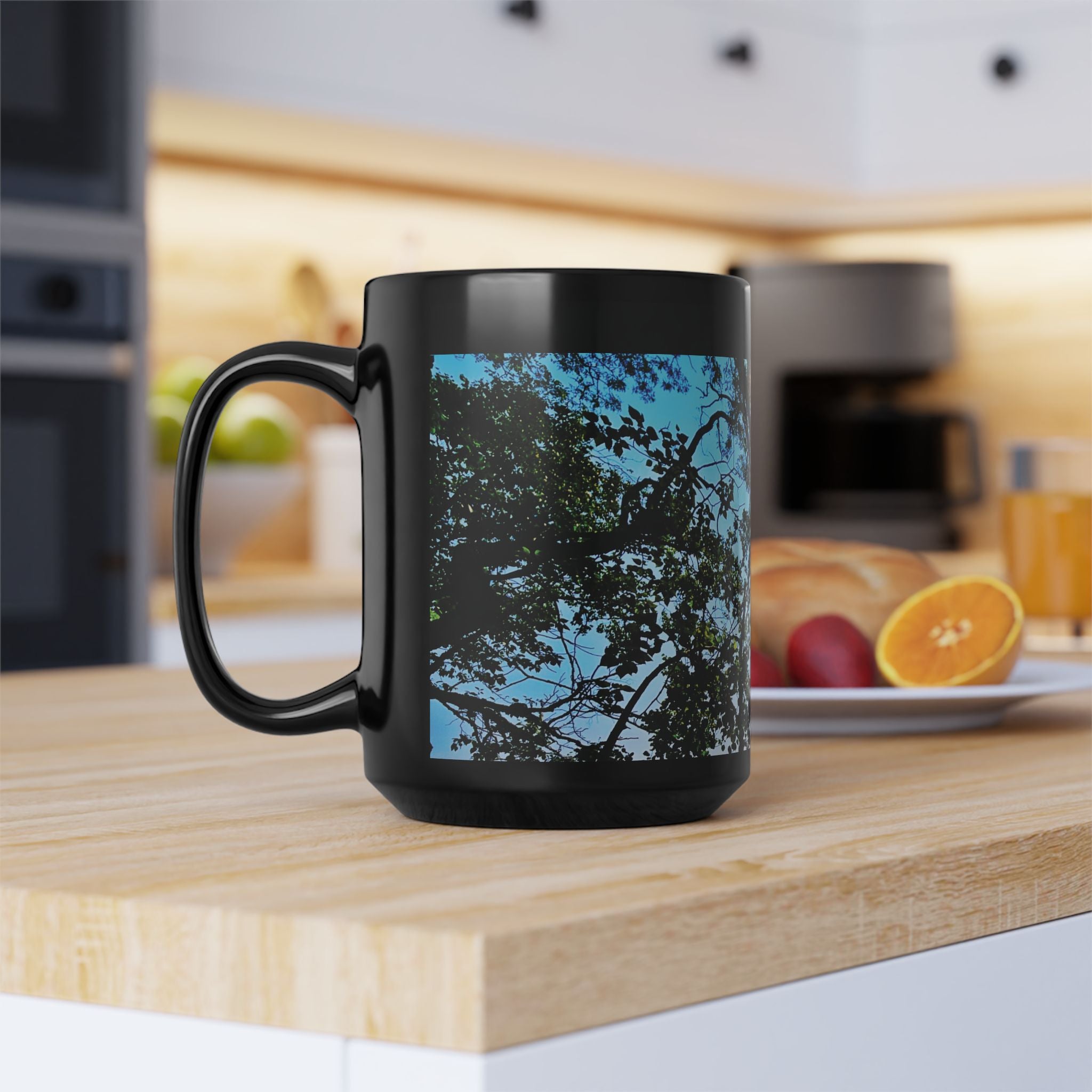 Blue Beyond the Branches Black Mug
