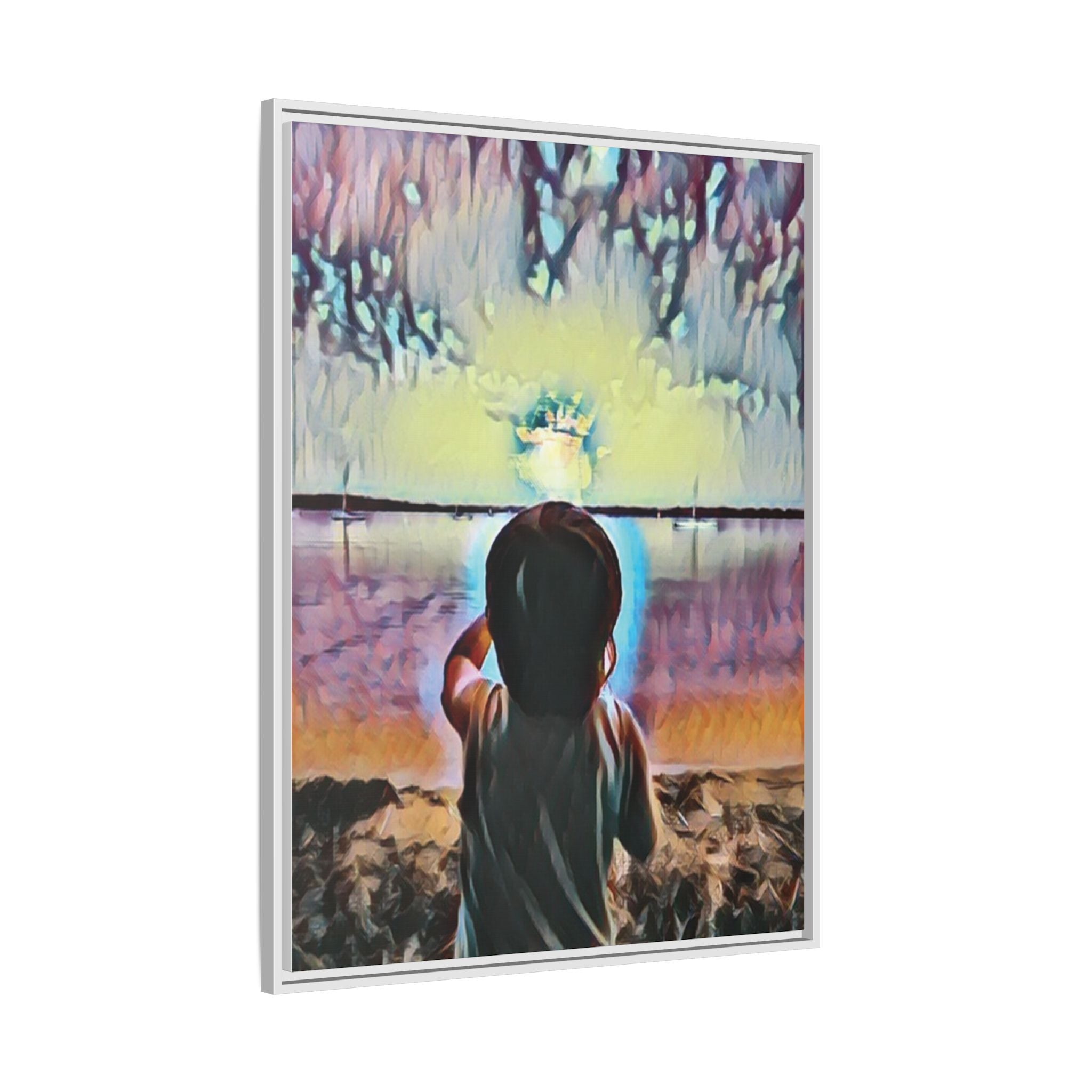 Boy and Moon Framed Canvas Art